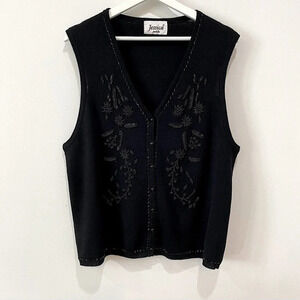 Jessica Petite Vintage Grandmacore Delicate Beaded Button Up Knit Black Cardigan